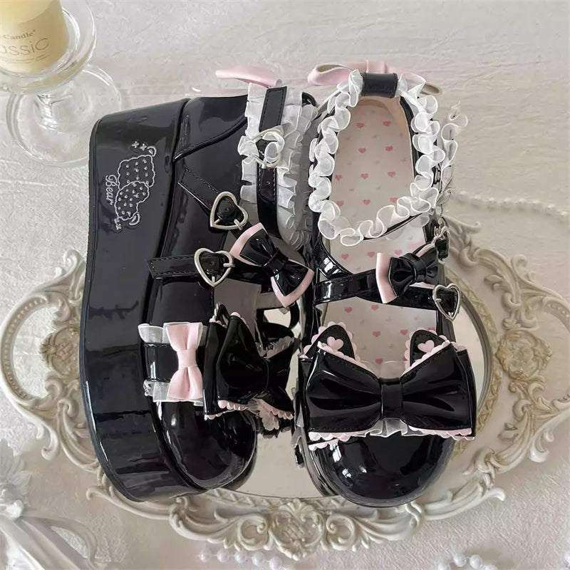 Confession Willingness Height Increasing Print Bowknot Lace Sweet Lolita Shoes 4 Colors - Product - 5