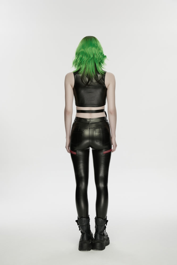 Black/Red Cut-Out Spliced Eyelet Mesh Women's Punk Leggings - Product - 3