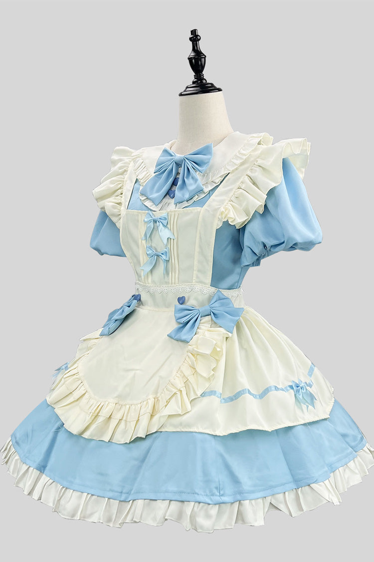 Blue/White Short Sleeves Ruffle Bowknot Lace Plus Size Sweet Maid Short Lolita Dress - Product - 2