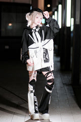 Black/White [Zero-Type Transformation] Techwear Long Sleeves Embroidered Hooded Punk Jirai Kei Shorts Coat Set - Full-Set - 1