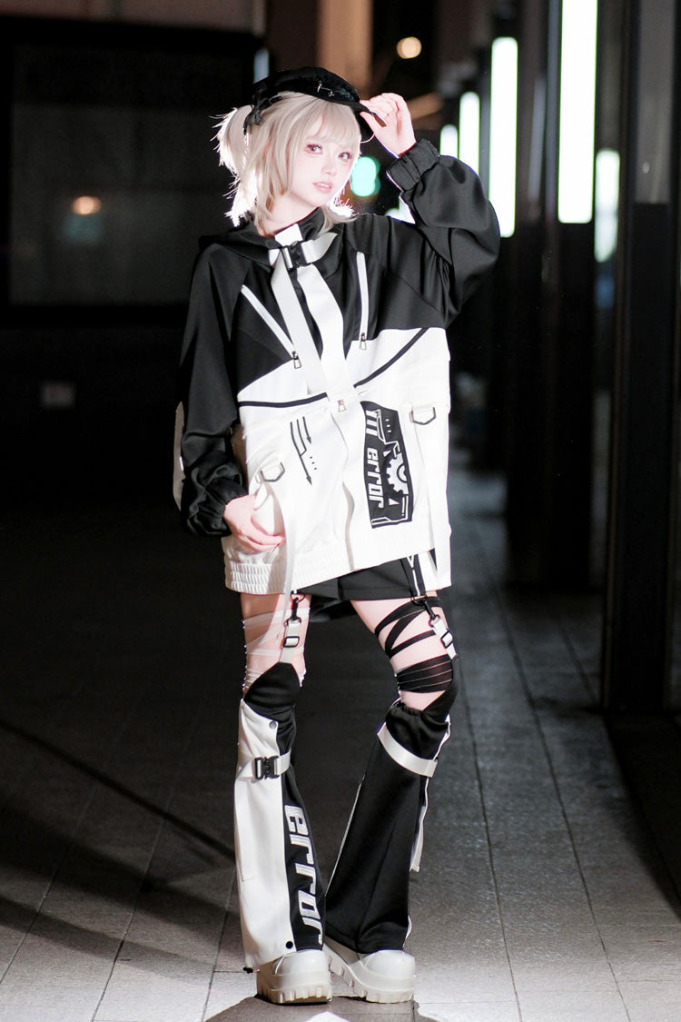 Black/White [Zero-Type Transformation] Techwear Long Sleeves Embroidered Hooded Punk Jirai Kei Shorts Coat Set - Full-Set - 1