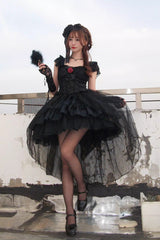 Black Short Sleeves Ruffle Rose Bowknot Elegant Princess Gothic Lolita Tiered Dress - Product - 5