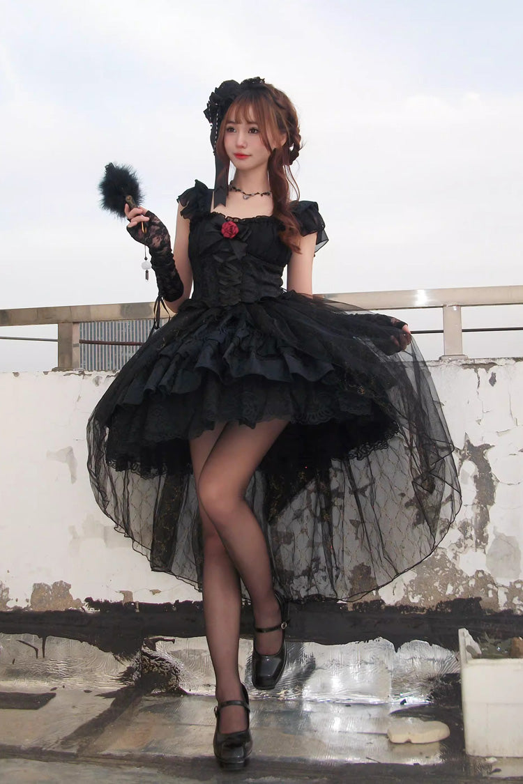 Black Short Sleeves Ruffle Rose Bowknot Elegant Princess Gothic Lolita Tiered Dress - Product - 5