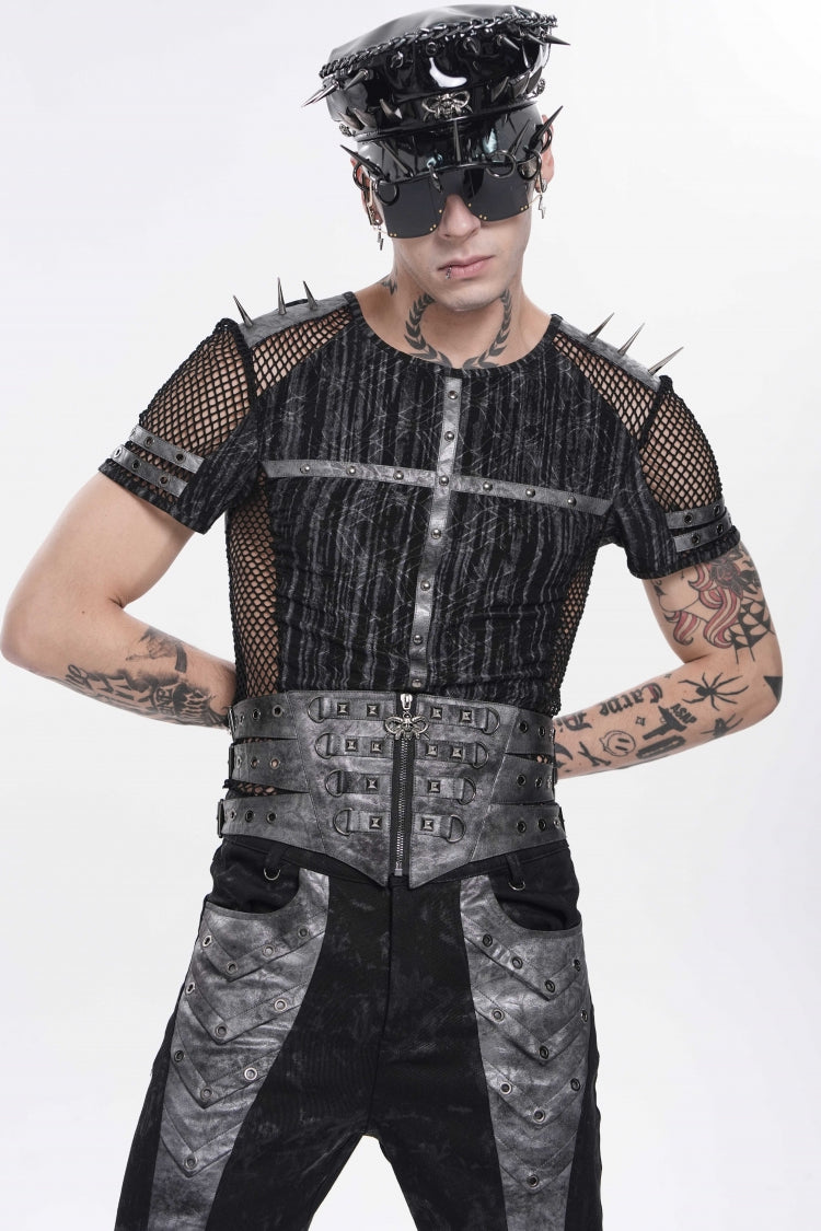 Black Multi-Layered Studded Zippered Eyelet Men's Punk Cool  Girdle - Product - 11