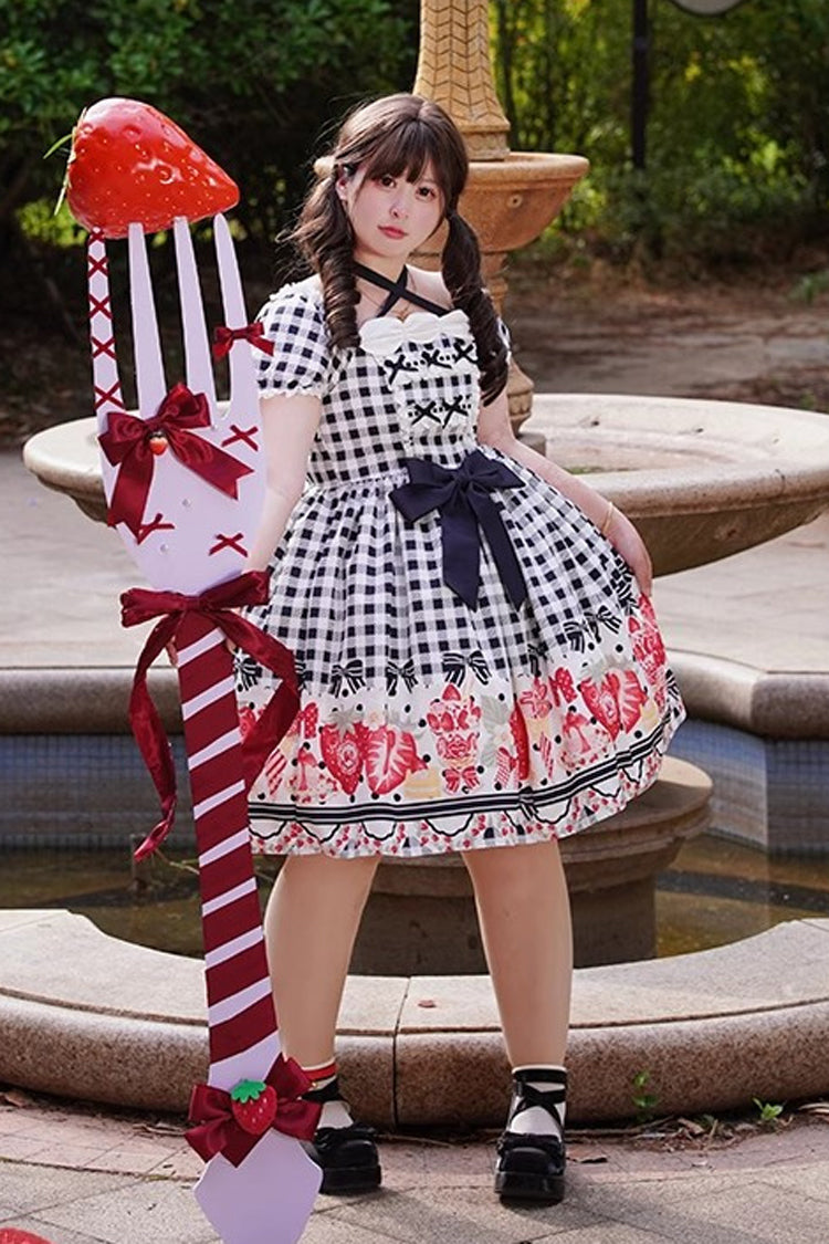Red Short Sleeves Strawberry Plaid Print Bowknot Sweet Plus Size Princess Lolita Dress - Product - 8