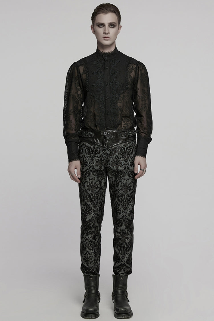 Black Print Floral Embroidery Buckle Men's Gothic Pants - Product - 4