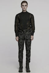 Black Print Floral Embroidery Buckle Men's Gothic Pants - Product - 4