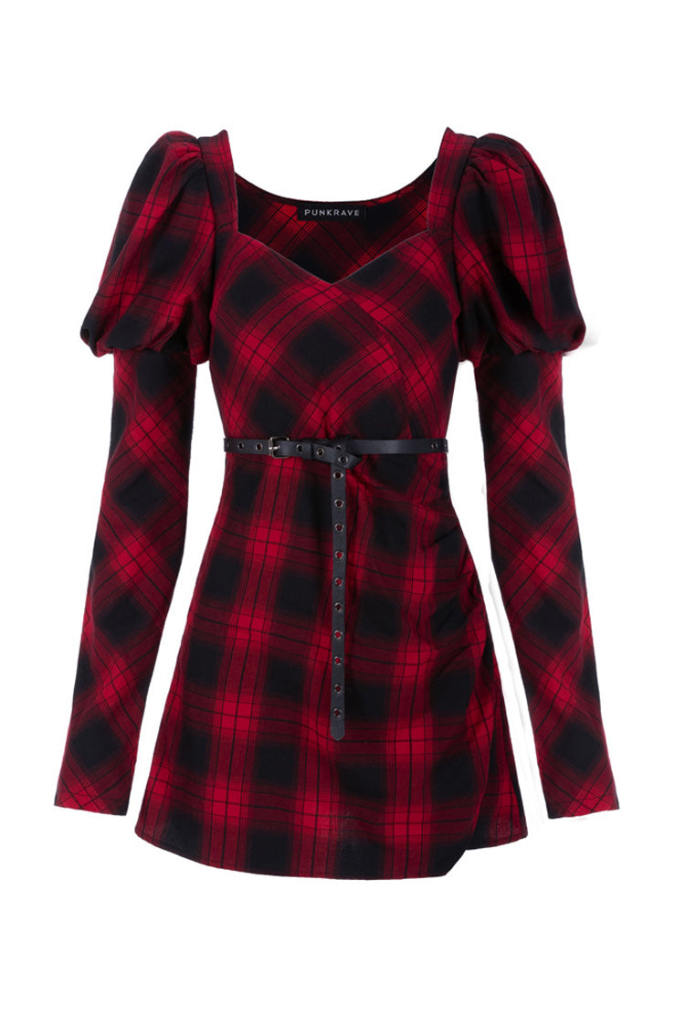 Black/Red Lattice High Waist Long Sleeve Women's Steam Punk Belted Dress - Product - 5