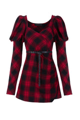 Black/Red Lattice High Waist Long Sleeve Women's Steam Punk Belted Dress - Product - 5