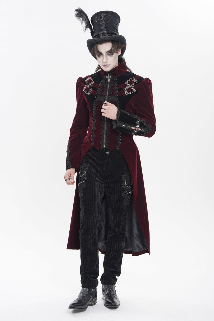 Red Stand Collar Long Sleeves Embroidered Color-Blocked Buckled Zippered Men's Gothic Palace Jacket - Product - 5