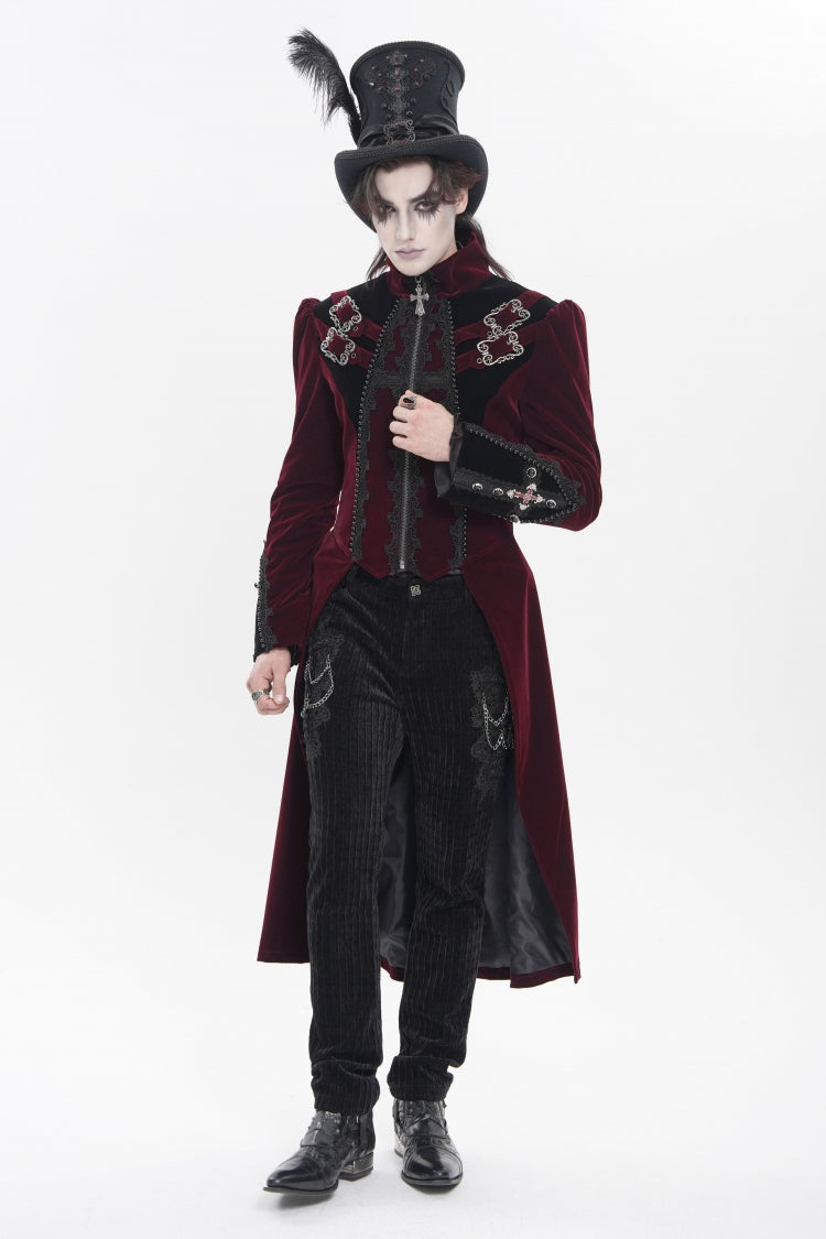 Red Stand Collar Long Sleeves Embroidered Color-Blocked Buckled Zippered Men's Gothic Palace Jacket - Product - 5