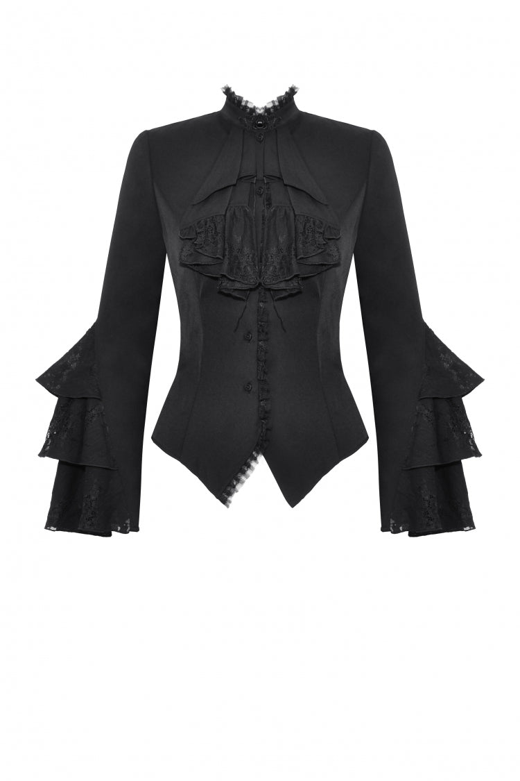 Black Lace Stand Collar Multi-Layered Ruffled Long Flared Sleeves Women's Gothic Blouse - Product - 3