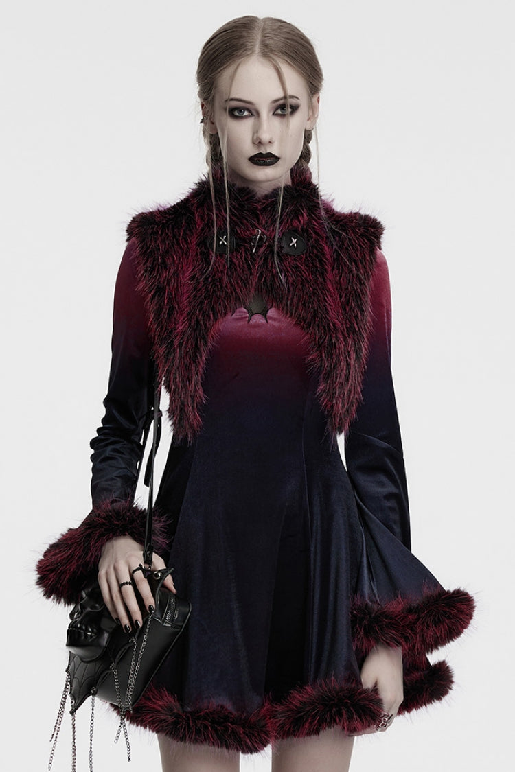 Red Stand Collar Sleeveless Gradient Faux Fur Women's Gothic Cape - Red - 1