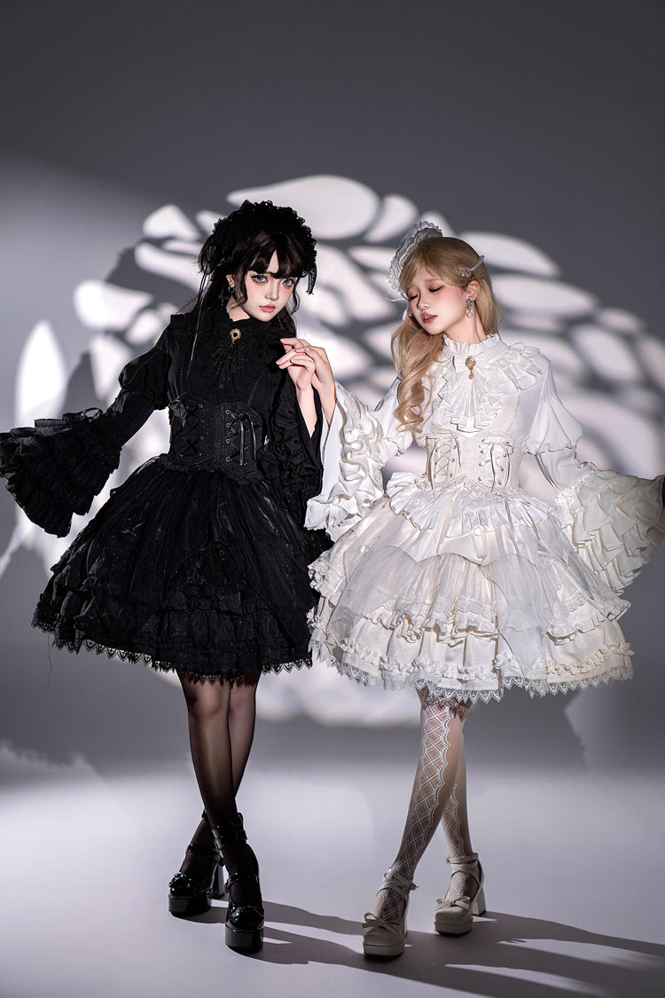 Black [The Angel of Good and Evil] Multi-Layered Ruffled Lace Gothic Elegant Lolita Skirt (Corset Belt Included) - Black - 1