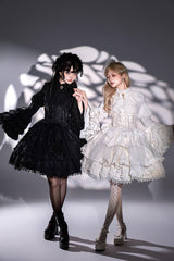 Black [The Angel of Good and Evil] Multi-Layered Ruffled Lace Gothic Elegant Lolita Skirt (Corset Belt Included) - Black - 1