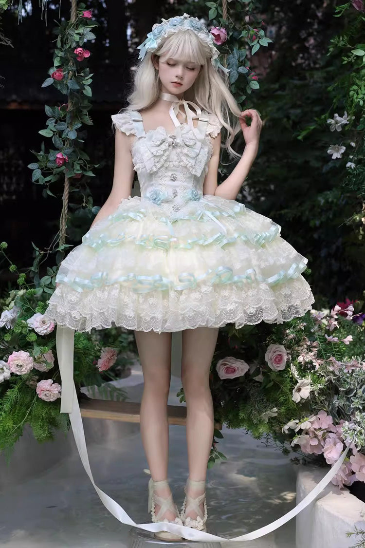 Green [Rose Feather Waltz] Sleeveless Triple-Layered Ruffle Bowknot Lace Sweet Ballet Lolita Jsk Dress - Product - 6