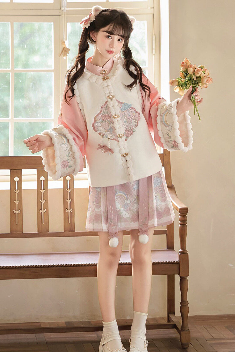 White/Pink [Miracle Pony] Round Collar Long Sleeves High Waisted Printed Women's Sweet Hanfu Dress Set - White/Pink - 1