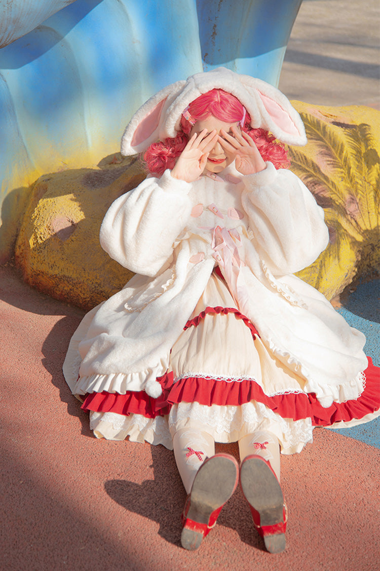 Ivory Long Ears Rabbit Ruffle Bowknot Hooded Daily Sweet Lolita Coat - Product - 6