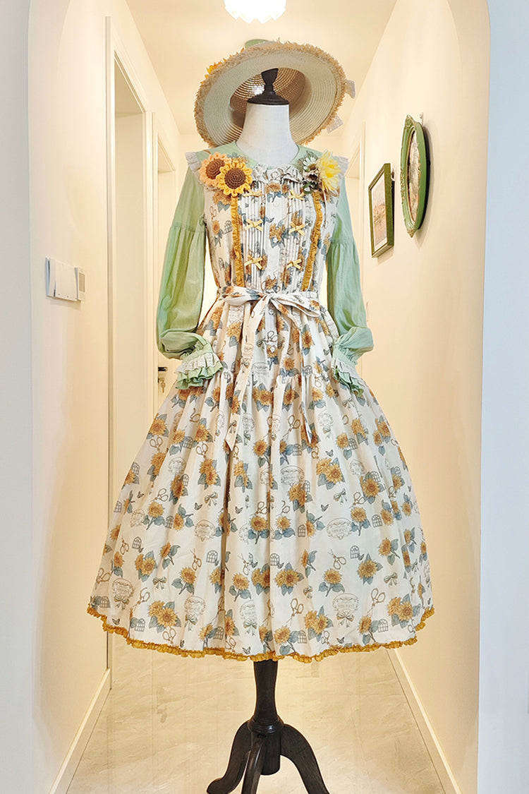 Apricot [Gardening Sunflower] Sleeveless Print Ruffle Bowknot Sweet Elegant Lolita Jsk Dress - Product - 3