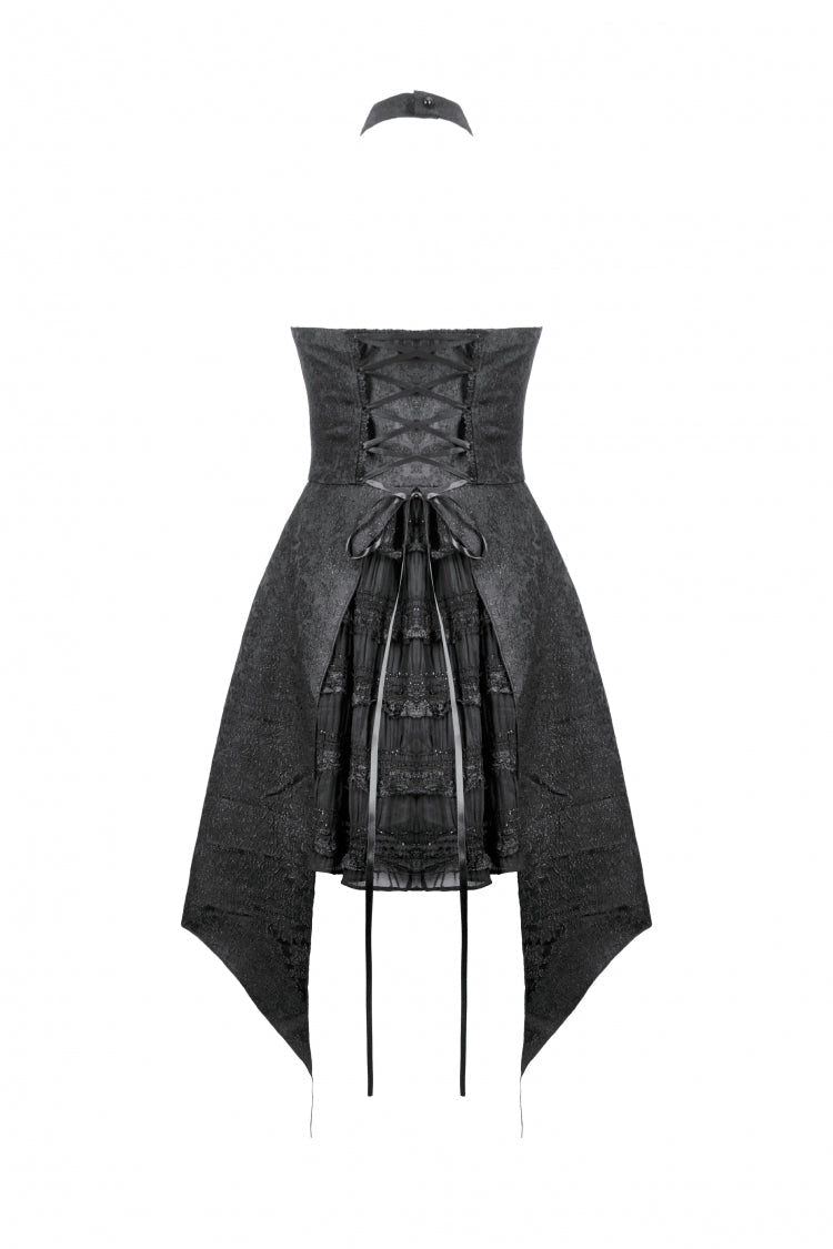 Black Off Shoulder Halterneck Sleeveless Lace Lace-Up Women's Gothic Party Dress - Product - 16