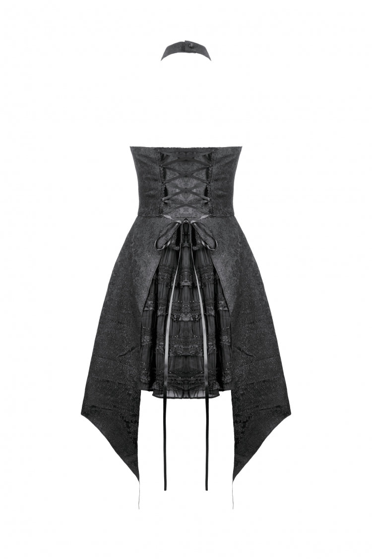 Black Off Shoulder Halterneck Sleeveless Lace Lace-Up Women's Gothic Party Dress - Product - 16