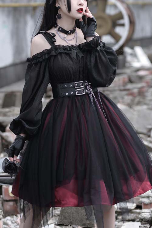 Twelve O'Clock Star Irregular Hem Gothic Lolita OP Dress - Red - 1