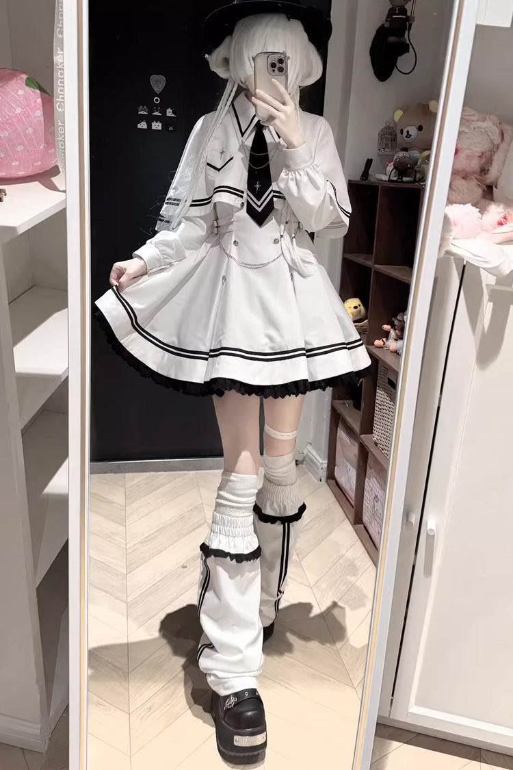[Starlight Command] Long Sleeves Printed Ruffled Chain-Decorated Gothic Jirai Kei Dress Set 2 Colors - White - 2