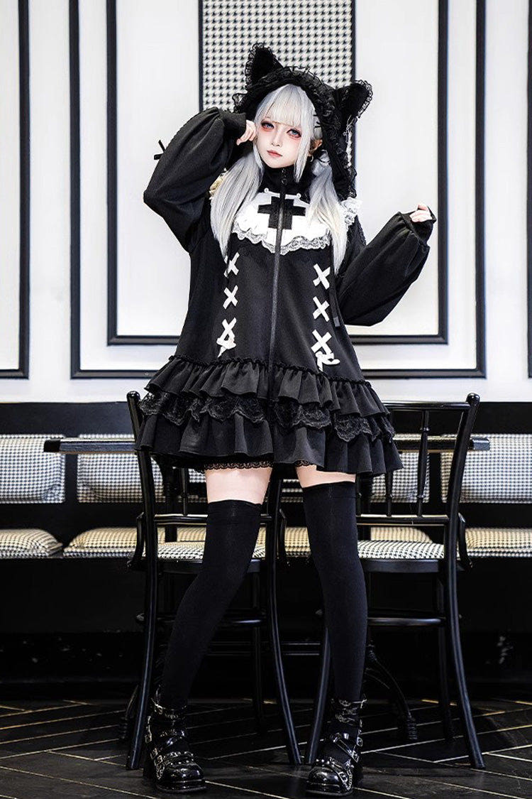 Black Long Sleeves Ruffle Zipper Sweet Handsome Lolita Sweatshirt Coat - Black - 1