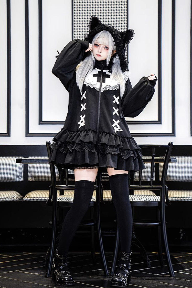Black Long Sleeves Ruffle Zipper Sweet Handsome Lolita Sweatshirt Coat - Black - 1