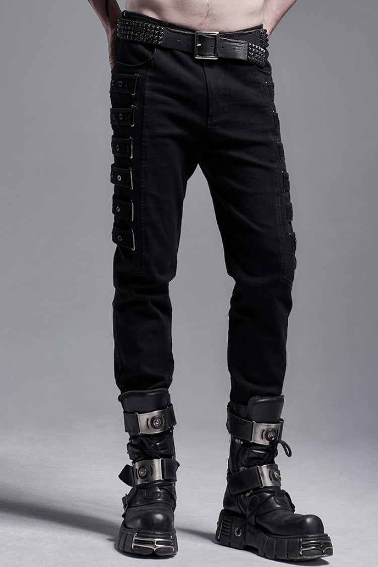 Black Buckle Zipper Men's Gothic Fitted Pants - Black - 1