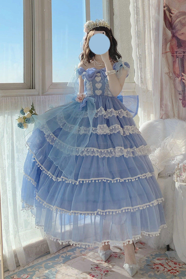 Blue Multi-Layered Ruffled Hanayome Bow Pearl-Decorated Sweet Lolita Jsk Dress Full Set 2 Versions - Blue(Long Version) - 1