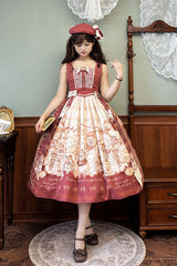 Wine Red [Fox Band] Print Square Collar Bowknot Classic Lolita Jumper Dress - Product - 4