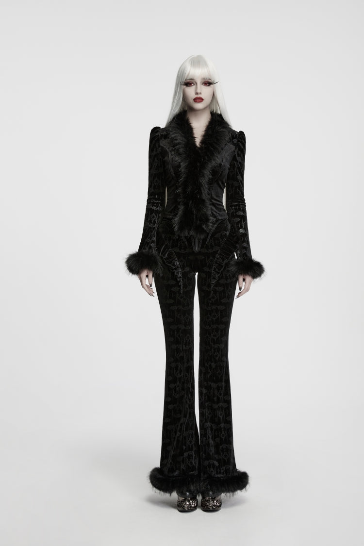 Black Jacquard Ruffled Slim Fit Women's Gothic Flare Pants - Product - 2