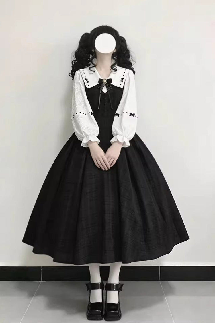 Black Lapel Collar Long Sleeves Ruffled Bow Sweet Lolita Jumper Dress Set - Black - 1
