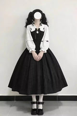 Black Lapel Collar Long Sleeves Ruffled Bow Sweet Lolita Jumper Dress Set - Black - 1