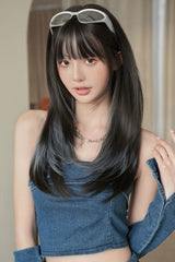 Multi-Color Clear Water Blue Highlights Full Bangs Long Straight Lolita Wig - Product - 2