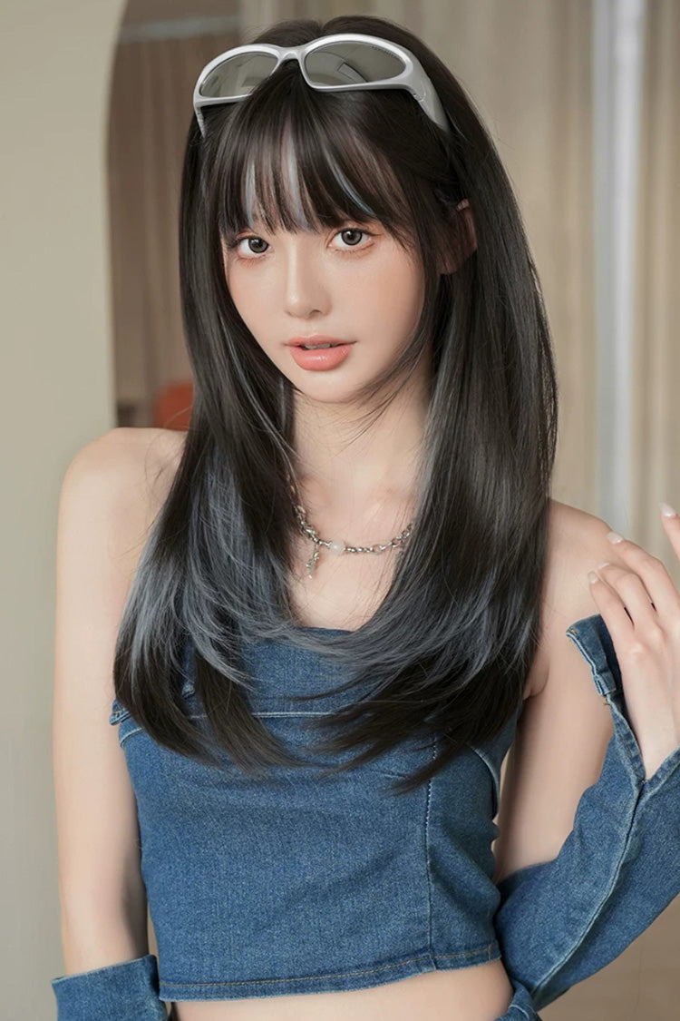 Multi-Color Clear Water Blue Highlights Full Bangs Long Straight Lolita Wig - Product - 2
