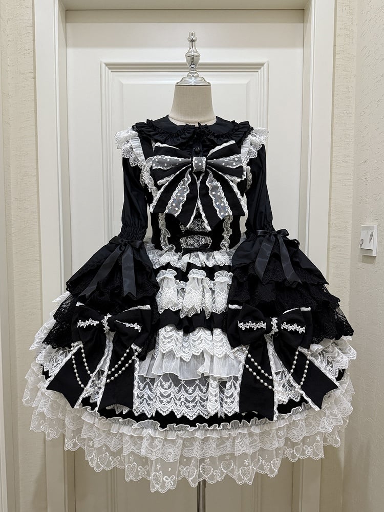 Black bead chain tiered Hanayome Lolita JSK dress front view