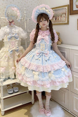 Blue/Pink [Fondant Cake] Sleeveless Multi-Layered Ruffle Bowknot Lace Sweet Lolita Jsk Dress - Product - 5
