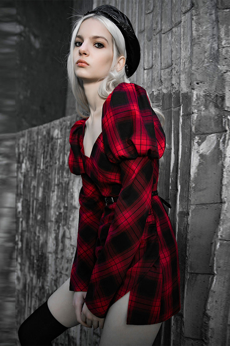 Black/Red Lattice High Waist Long Sleeve Women's Steam Punk Belted Dress - Product - 2