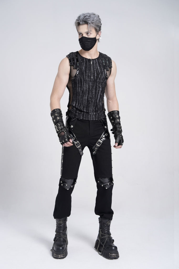 Black Sleeveless Ribbed Print Stitching Mesh Zipper Men's Gothic Vest - Product - 8