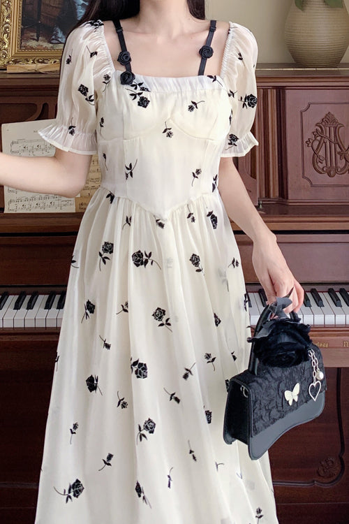 Beige French Square Collar Short Sleeves Rose Print Long Plus Size Sweet Lolita Dress - Product - 7