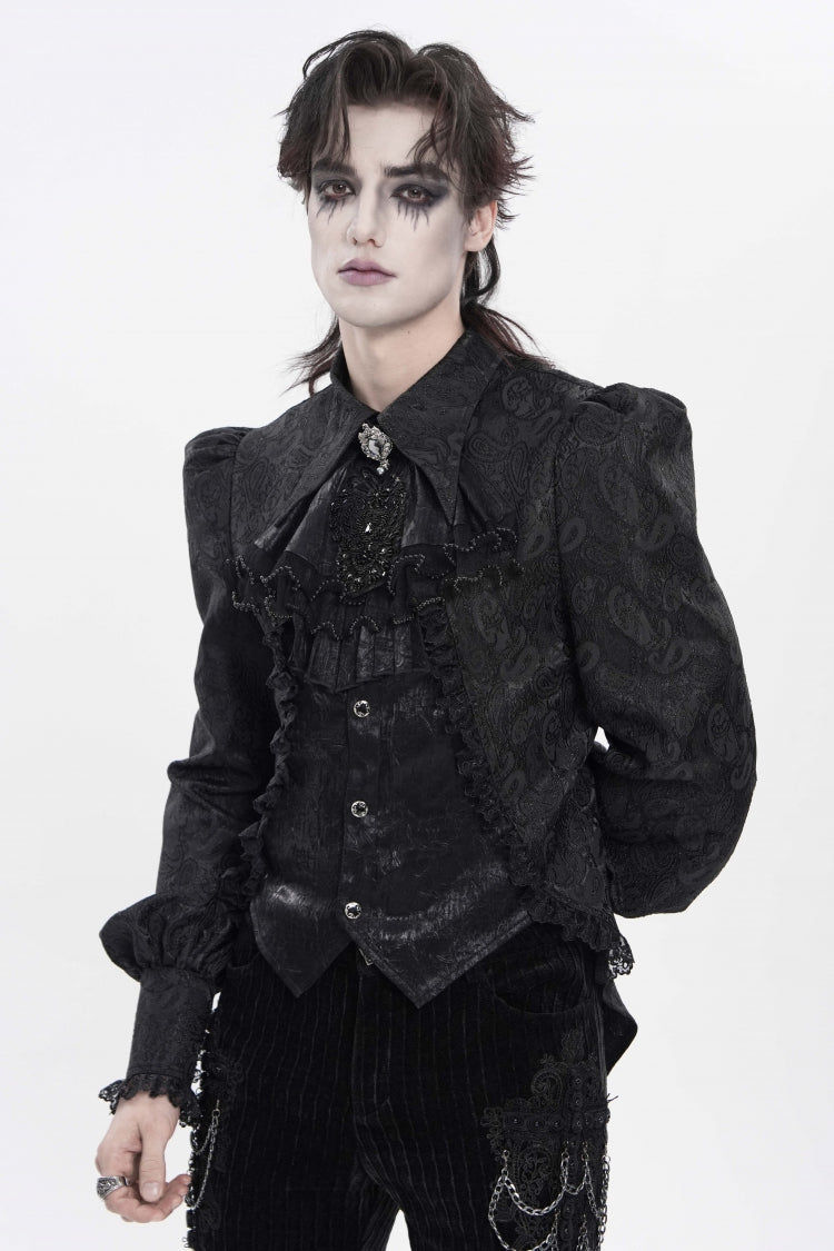 Black Lapel Collar Long Lantern Sleeves Jacquard Embroidered Lace Men's Gothic Palace Swallow-tailed Shirt with Necktie - Product - 8