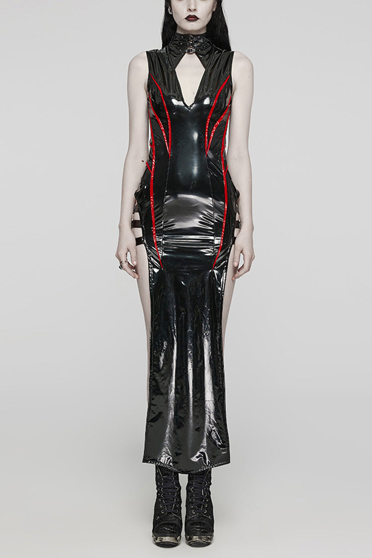 Pu Leather Sleeveless Hollow Side Slit Buckle Women's Steampunk Dress 2 Colors - Black/Red - 9
