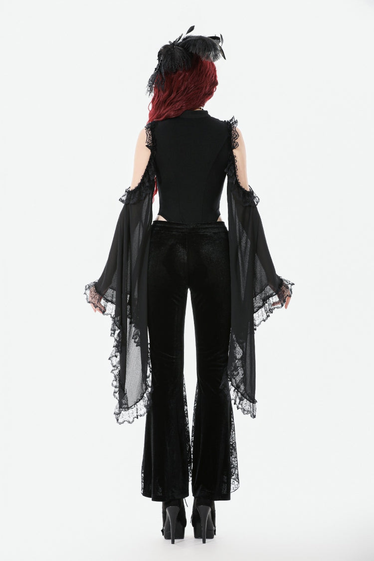 Black Women's Gothic Floral Embroidered Lace Flared Pants - Product - 4