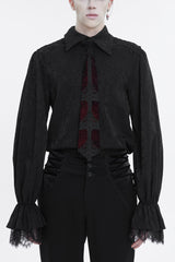 Black Lapel Collar Puff Sleeved Lace Hem Men's Gothic Shirt - Black - 1