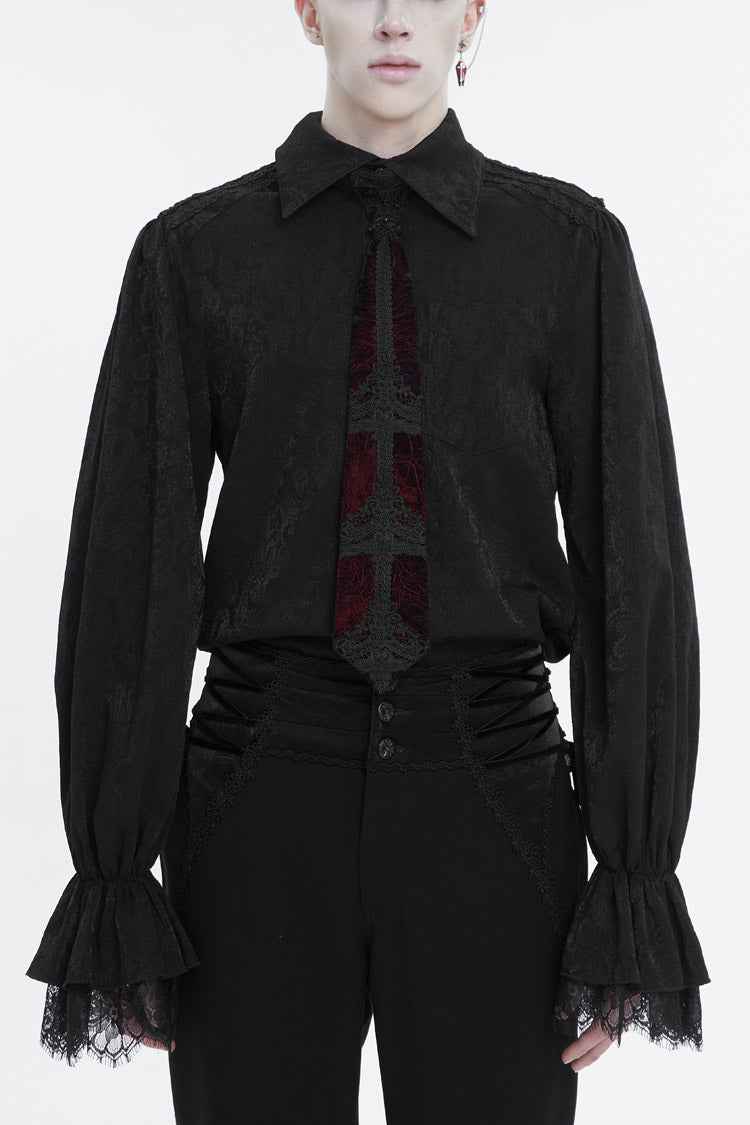 Black Lapel Collar Puff Sleeved Lace Hem Men's Gothic Shirt - Black - 1