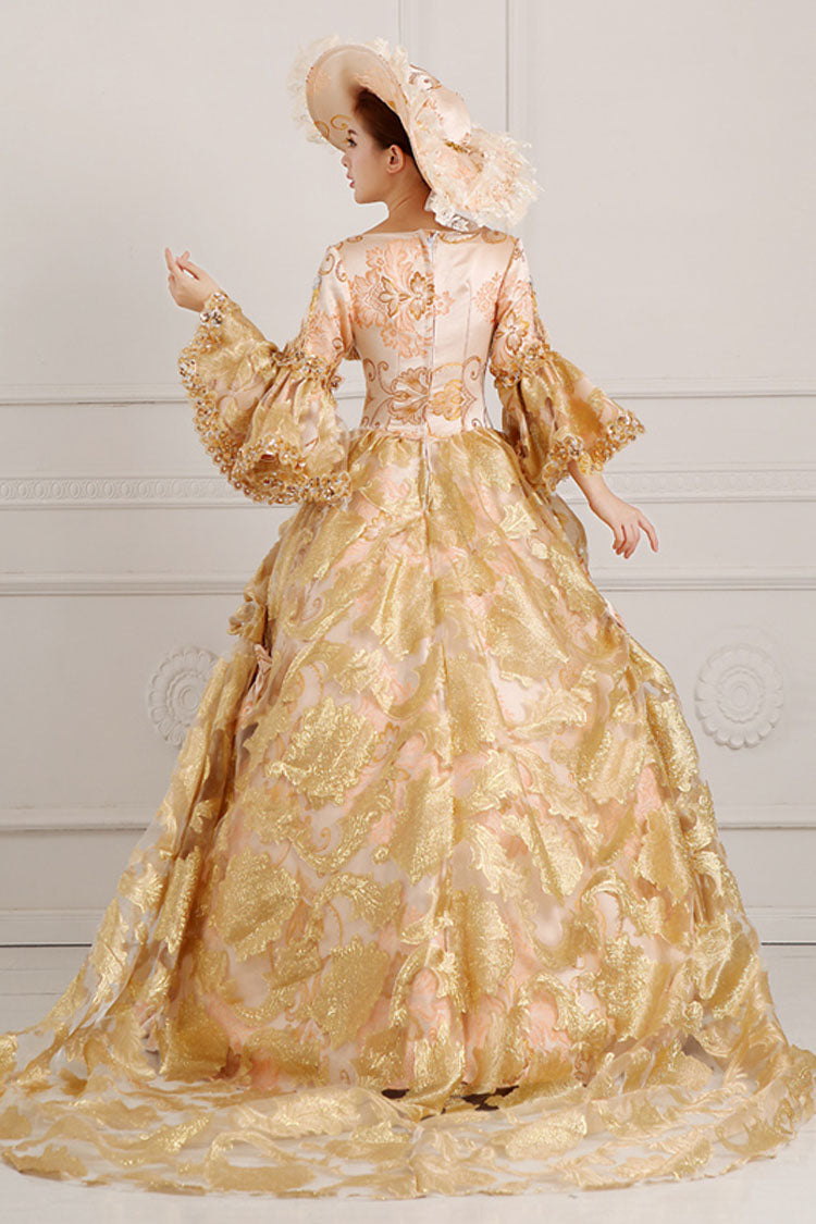 Beige/Golden Trumpet Sleeves High Waisted Embroidery Print Bowknot Multi-Layer Victorian Lolita Prom Dress - Product - 4