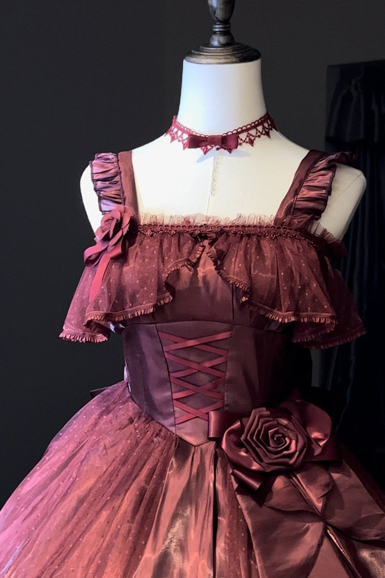 Red Square Collar Sleeveless Ruffled Bow Lace-Up Classic Elegant Princess Lolita Jsk Dress - Product - 6