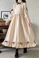 Black/Apricot Japanese Long Puff Sleeves Ruffle Bowknot Sweet Lolita Dress 2 Colors - Product - 3